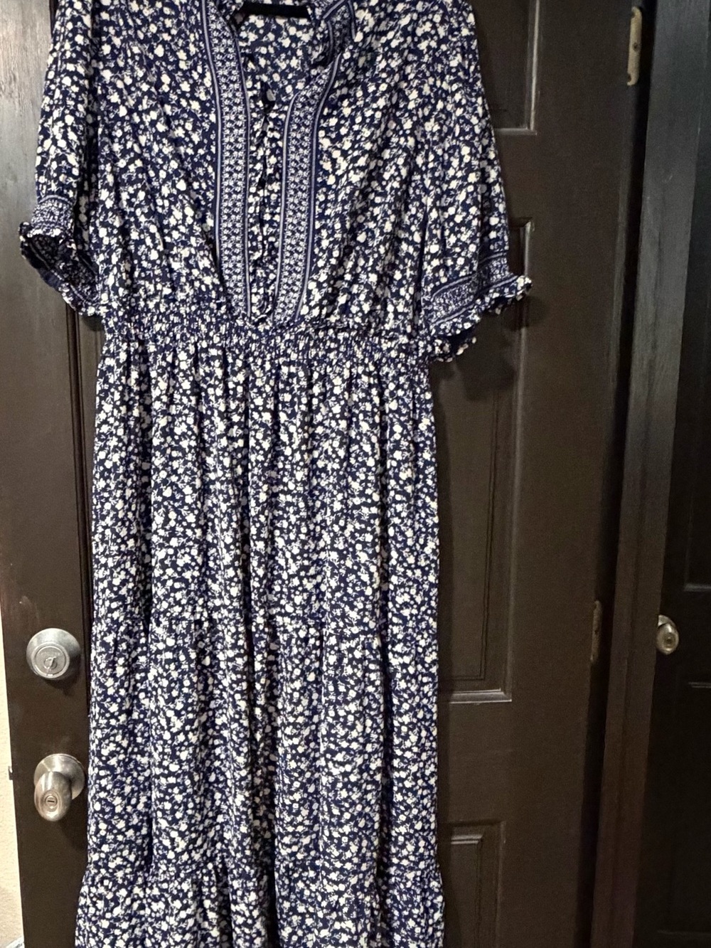 Maggy London Navy Floral Maxi Dress with Smocked Waist